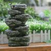 9x5x14" Indoor Gray Stone-Look Water Fountain, 7-tier Polyresin Cascading Rock Tabletop Fountain with LED Light