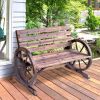 2-Person Seat Bench with Backrest Wooden Wagon Wheel Bench, Rustic Outdoor Patio Furniture-AS