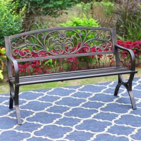 Outdoor Garden Bench, Cast Iron Metal Frame Patio Park Bench with Floral Pattern Backrest, Arch Legs. MFSTUDIO 50 Inches