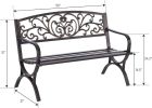 Outdoor Garden Bench, Cast Iron Metal Frame Patio Park Bench with Floral Pattern Backrest, Arch Legs. MFSTUDIO 50 Inches