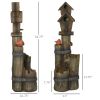 Outsunny Outdoor Fountain with Birdhouse, Cascading Garden Waterfall Bird Bath with 3-Tier Rustic Tree Trunk / Log Design, LED Lights for Porch, Deck