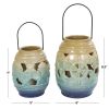 DecMode 2 Holder Blue Ceramic Ship Wheel Ombre Cutout Candle Lantern with Starfish and Shell Accents, Set of 2