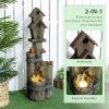 Outsunny Outdoor Fountain with Birdhouse, Cascading Garden Waterfall Bird Bath with 3-Tier Rustic Tree Trunk / Log Design, LED Lights for Porch, Deck