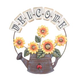 Metal Iron Welcome Hanging Sign Kettle Yellow Sunflower