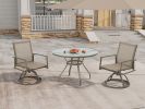 3-Piece Bistro Patio Table and Chairs Set with Tan PVC Sling Swivel Rocker Chairs and Round Cast-Top Outdoor Table