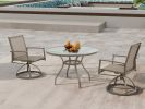 3-Piece Bistro Patio Table and Chairs Set with Tan PVC Sling Swivel Rocker Chairs and Round Cast-Top Outdoor Table