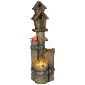 Outsunny Outdoor Fountain with Birdhouse, Cascading Garden Waterfall Bird Bath with 3-Tier Rustic Tree Trunk / Log Design, LED Lights for Porch, Deck