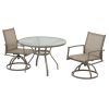 3-Piece Bistro Patio Table and Chairs Set with Tan PVC Sling Swivel Rocker Chairs and Round Cast-Top Outdoor Table