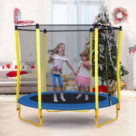 5.5FT Trampoline for Kids - 65" Outdoor & Indoor Mini Toddler Trampoline with Enclosure, Basketball Hoop and Ball Included (Color: as Pic)